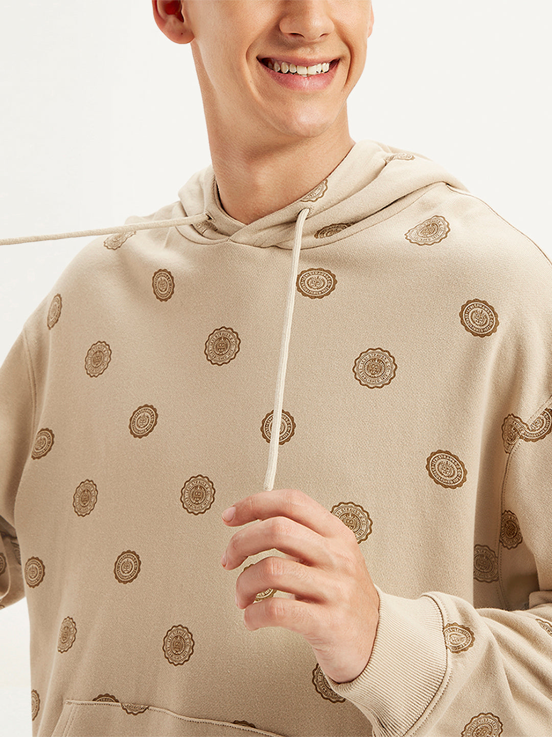 Men's Printed Khaki Hooded Sweatshirt - Detail View
