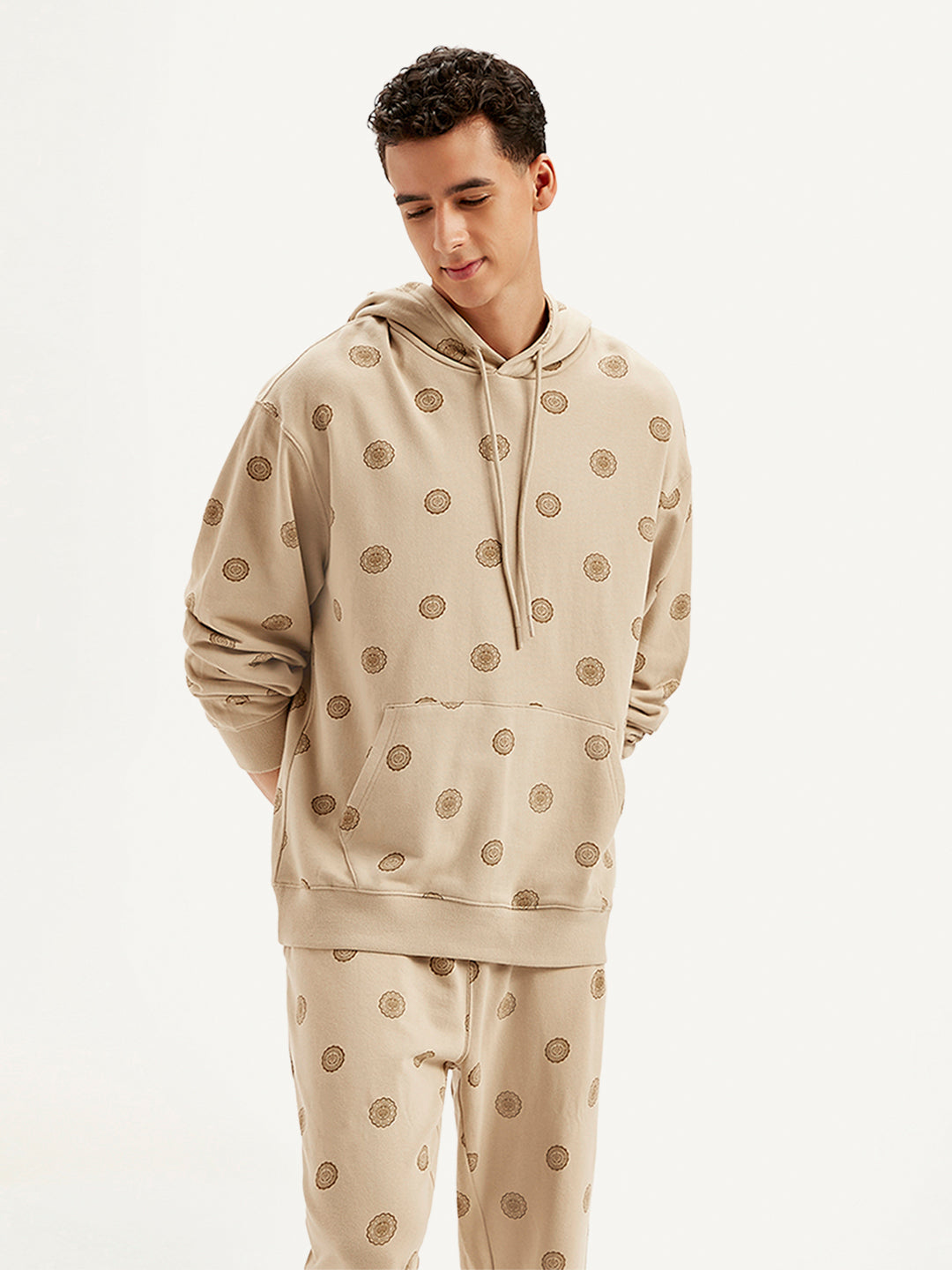 Men's Printed Khaki Hooded Sweatshirt - Styleshot View