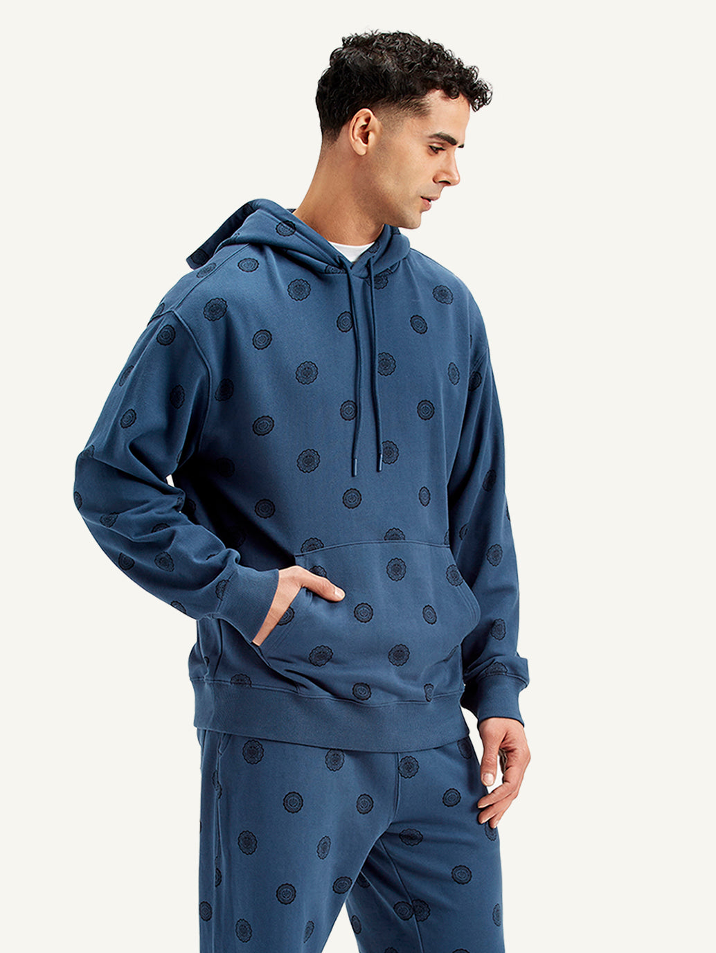 Men's Printed Navy Hooded Sweatshirt - Side View