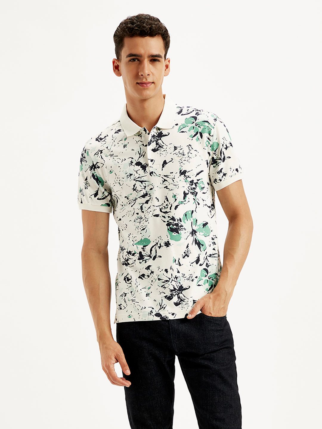 Men's Floral Slim Fit Polo T-Shirt - Front View