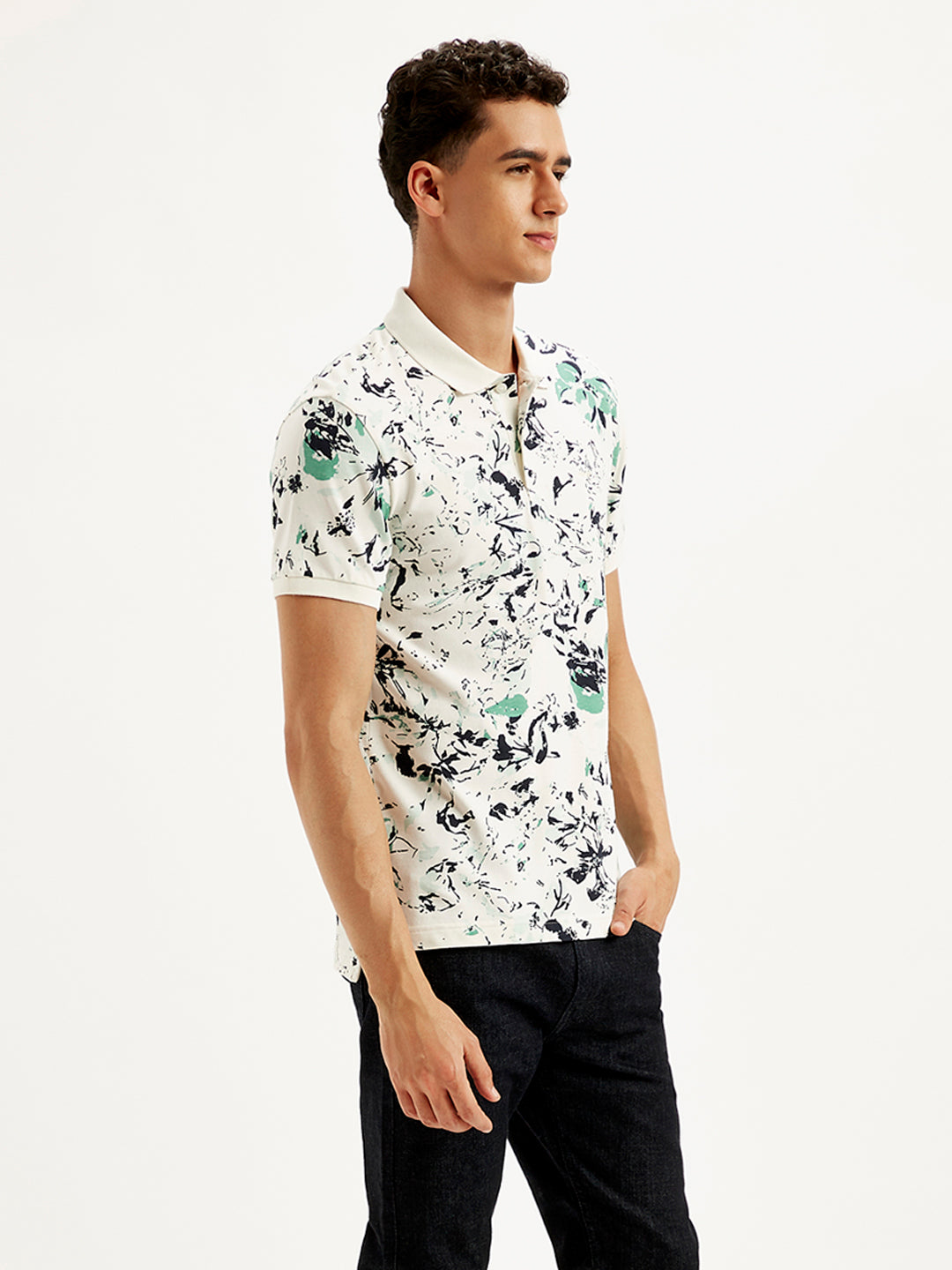 Men's Floral Slim Fit Polo T-Shirt - Side View