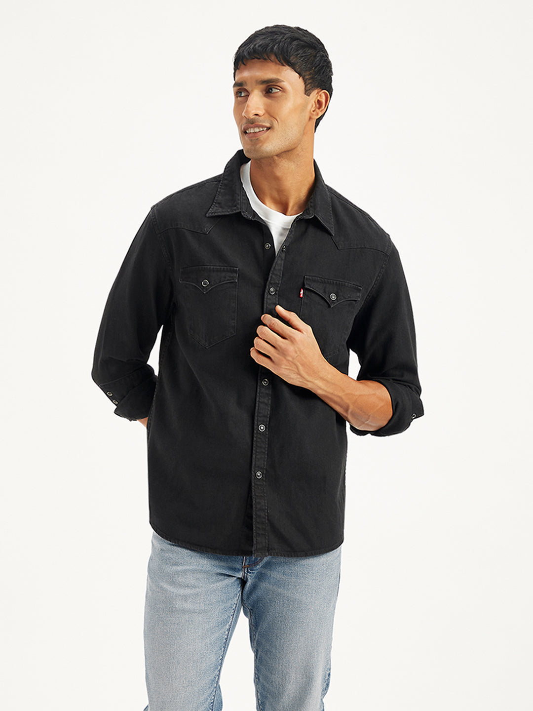 Men's Solid Regular Fit Denim Shirt - Front View