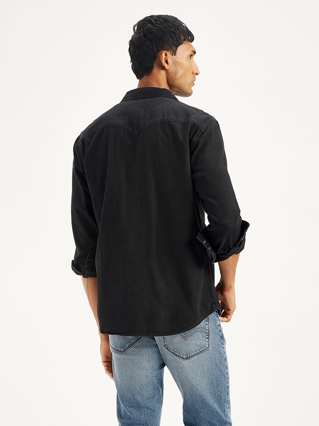 Men's Solid Regular Fit Denim Shirt - Back View