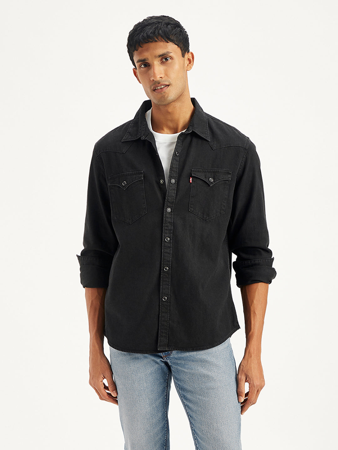 Men's Solid Regular Fit Denim Shirt - Styleshot View