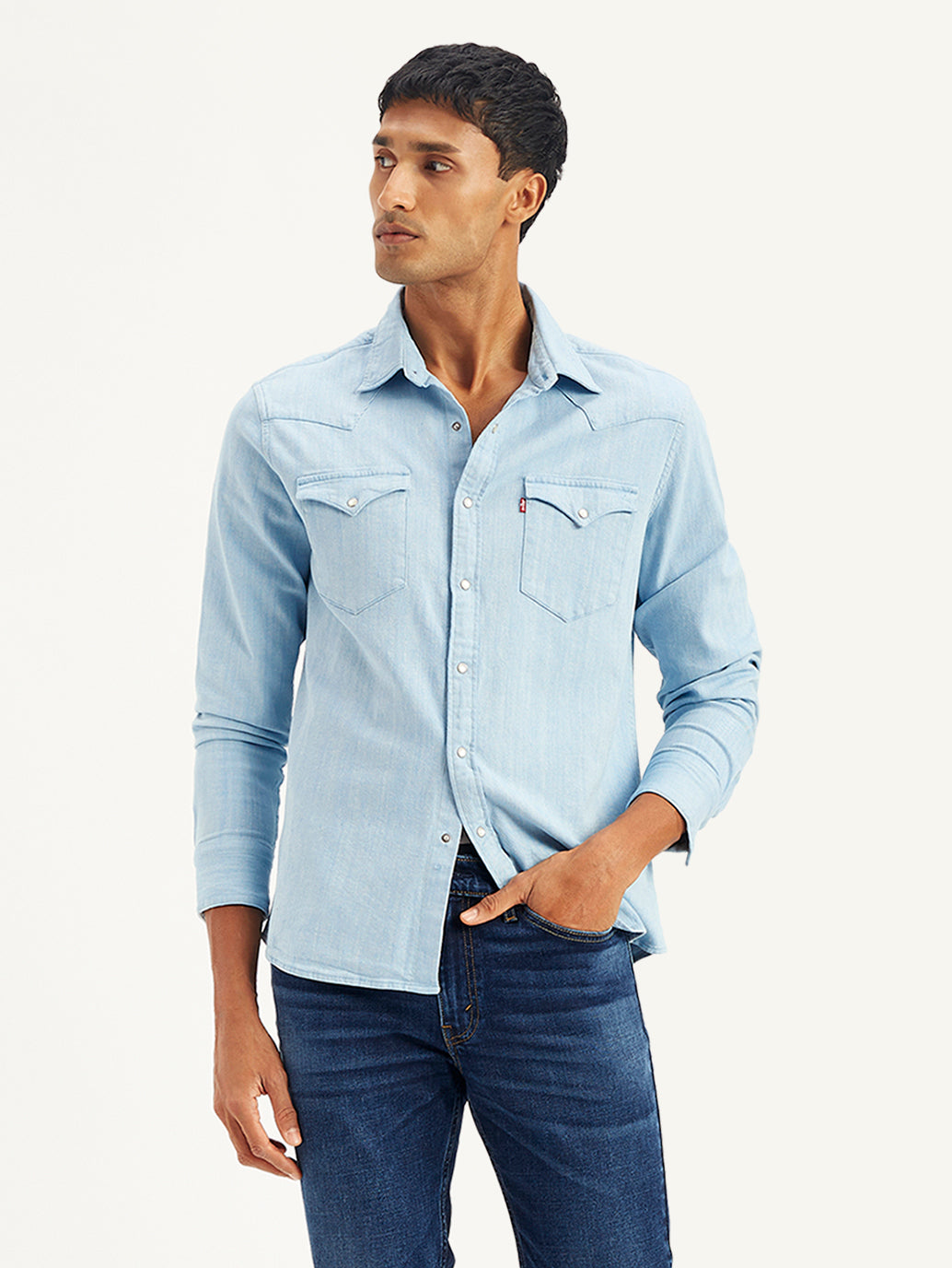 Men's Solid Slim Fit Denim Shirt - Styleshot View