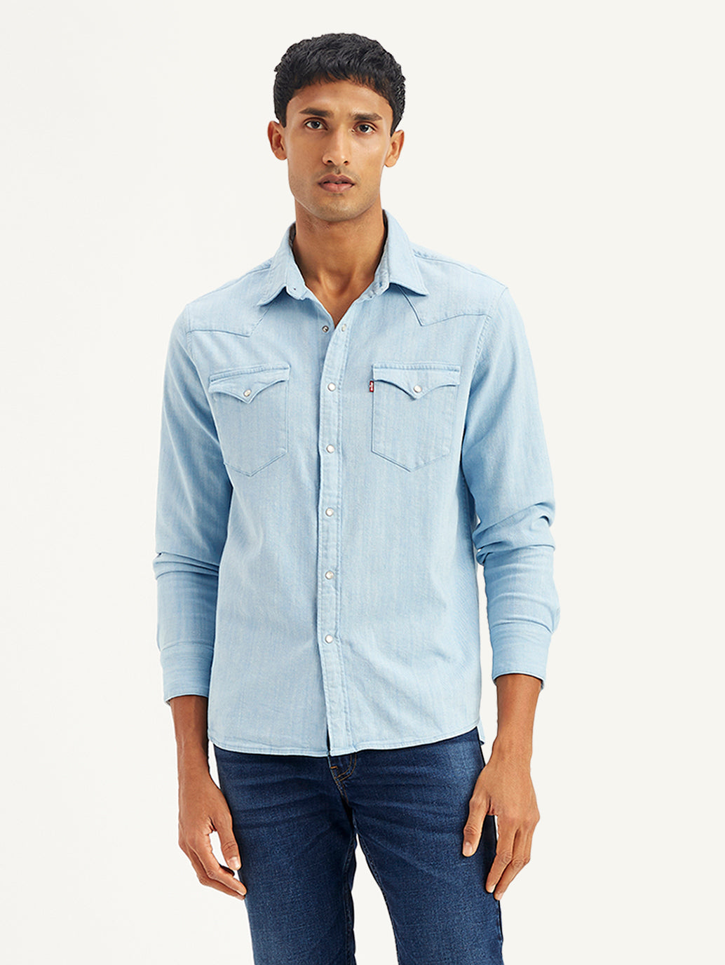 Men's Solid Slim Fit Denim Shirt - Front View
