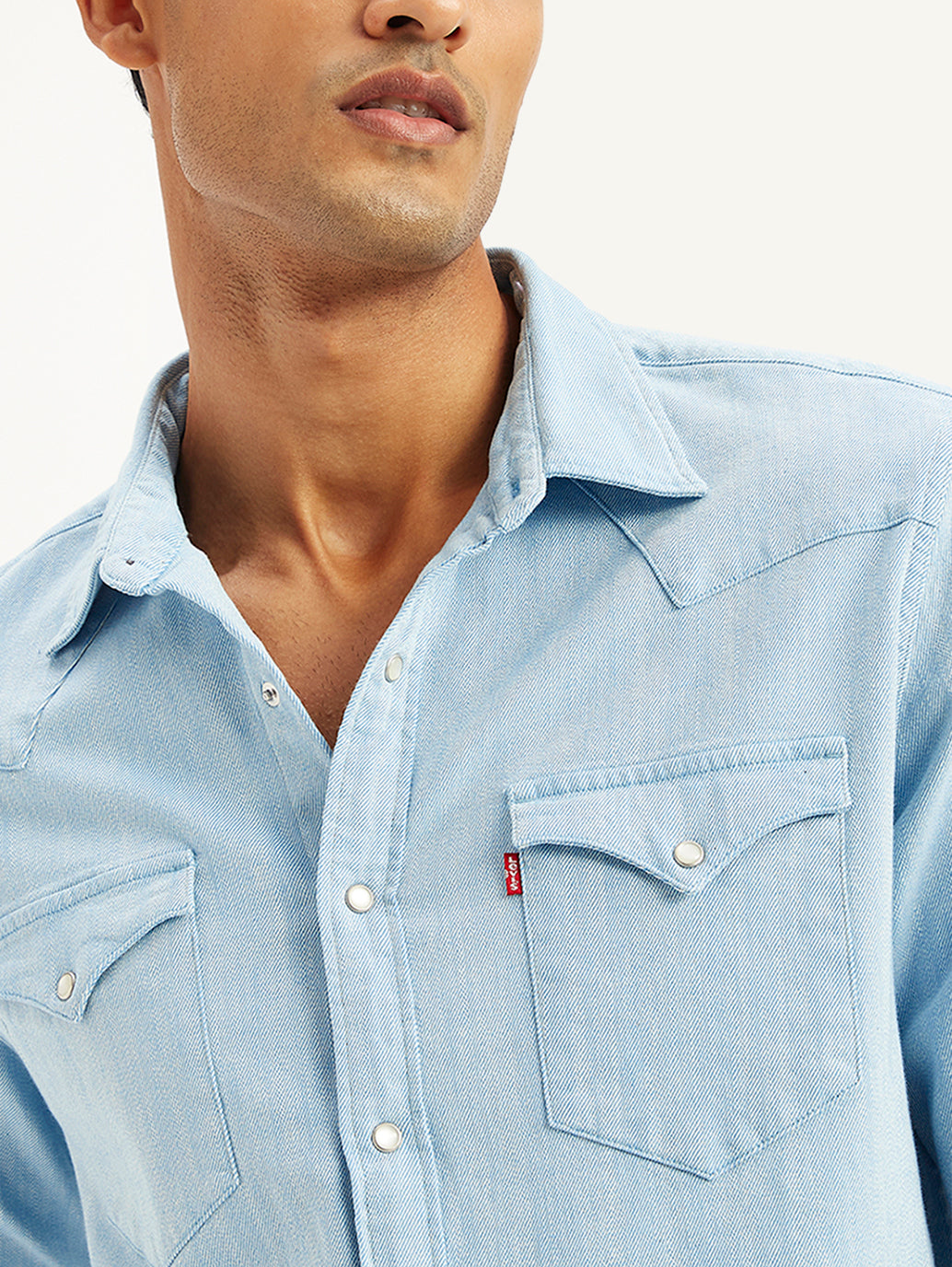 Men's Solid Slim Fit Denim Shirt - Detail View