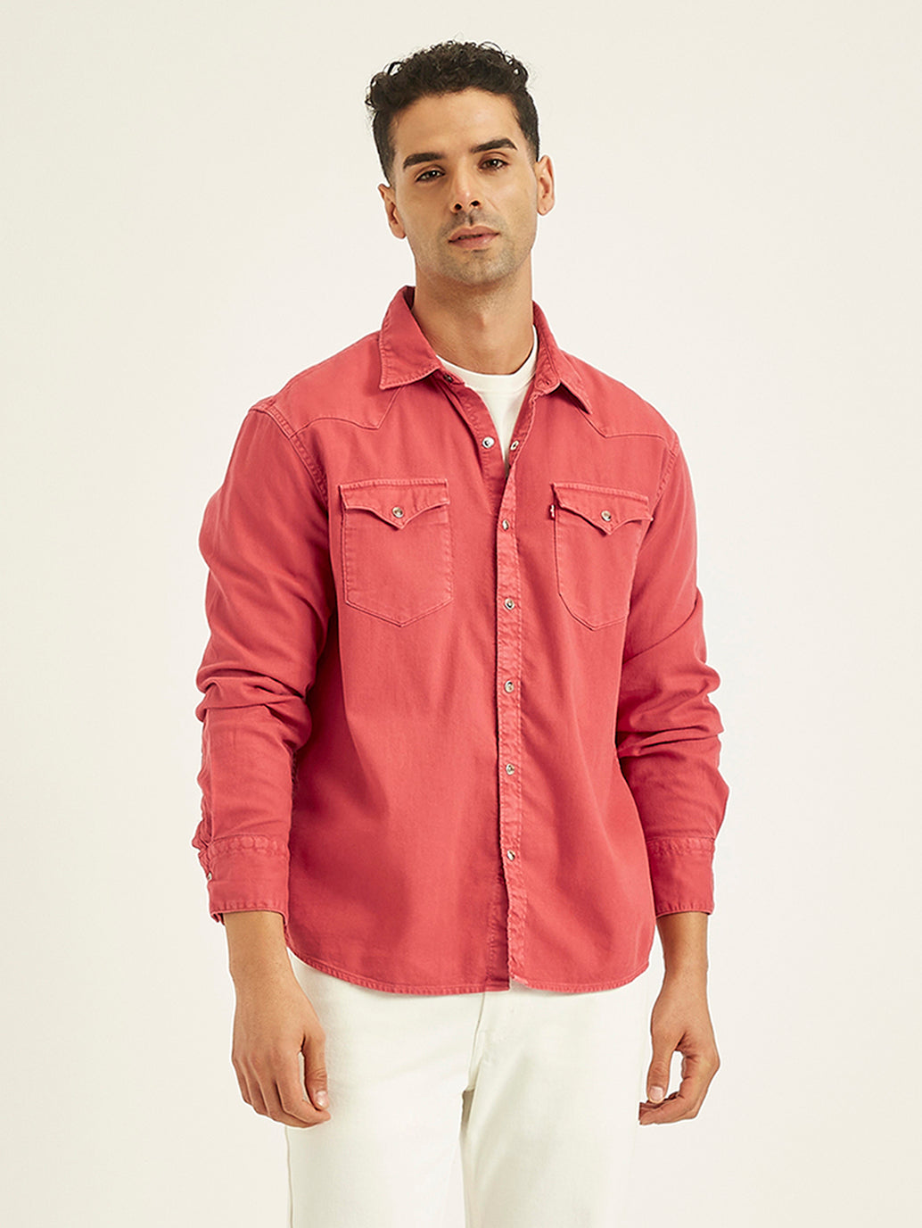 Men's Solid Slim Fit Denim Shirt - Front View