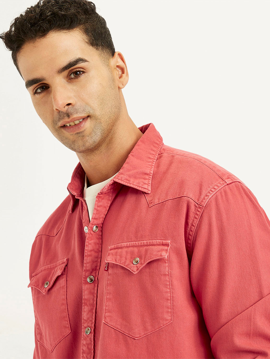 Men's Solid Slim Fit Denim Shirt - Detail View