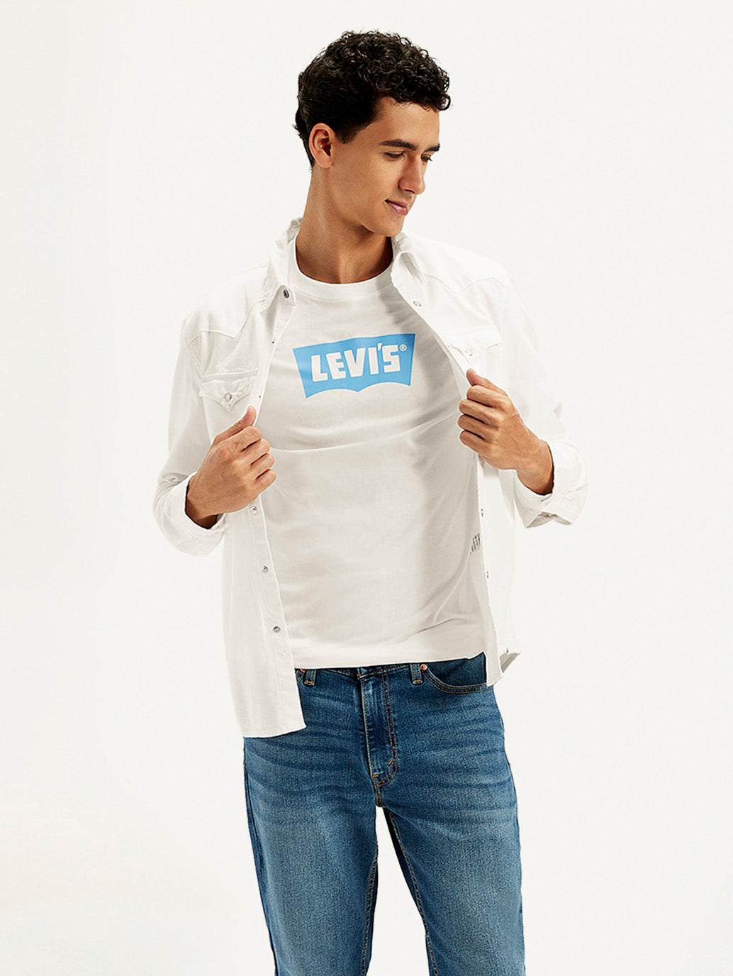 Men's Solid White Spread Collar Denim Shirt - Styleshot View