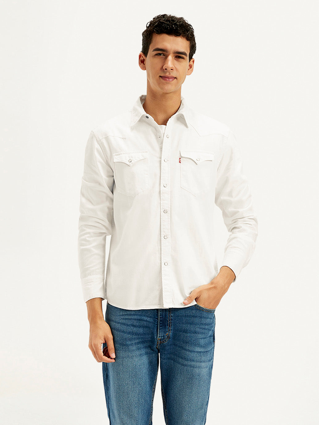 Men's Solid White Spread Collar Denim Shirt - Front View