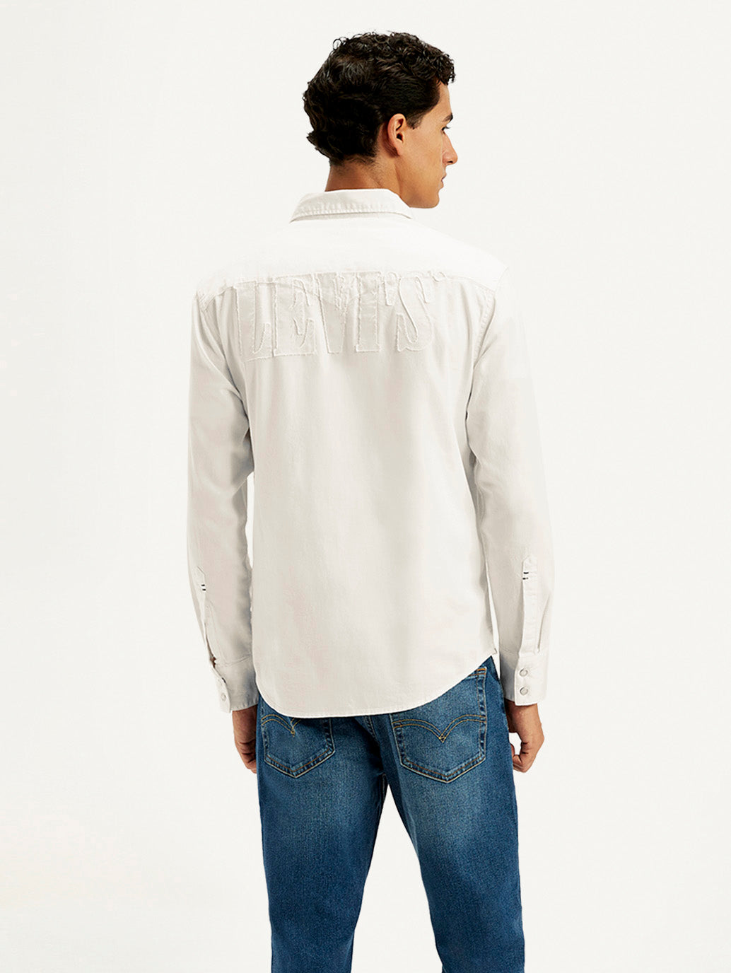 Men's Solid White Spread Collar Denim Shirt - Back View