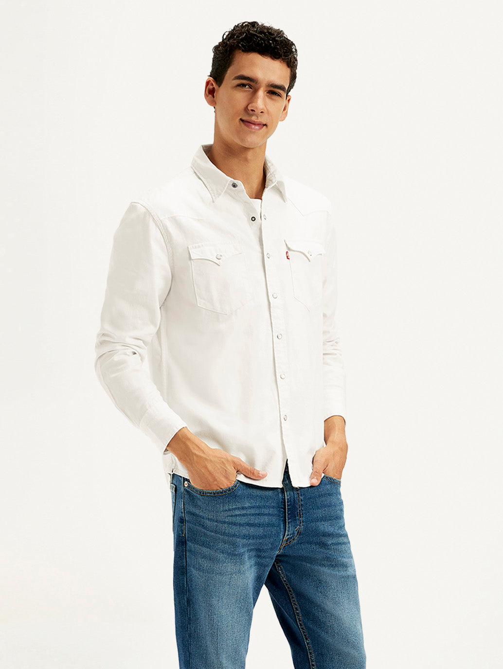 Men's Solid White Spread Collar Denim Shirt - Side View