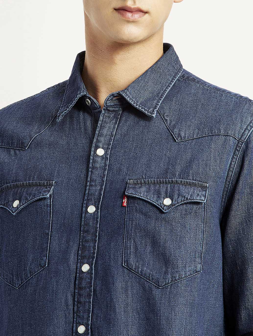 Men's Solid Indigo Slim Fit Shirt - Detail View