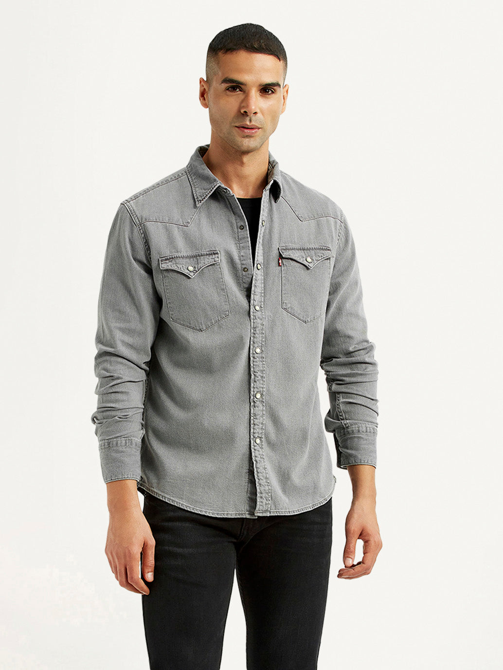 Men's Solid Grey Slim Fit Denim Shirt - Styleshot View