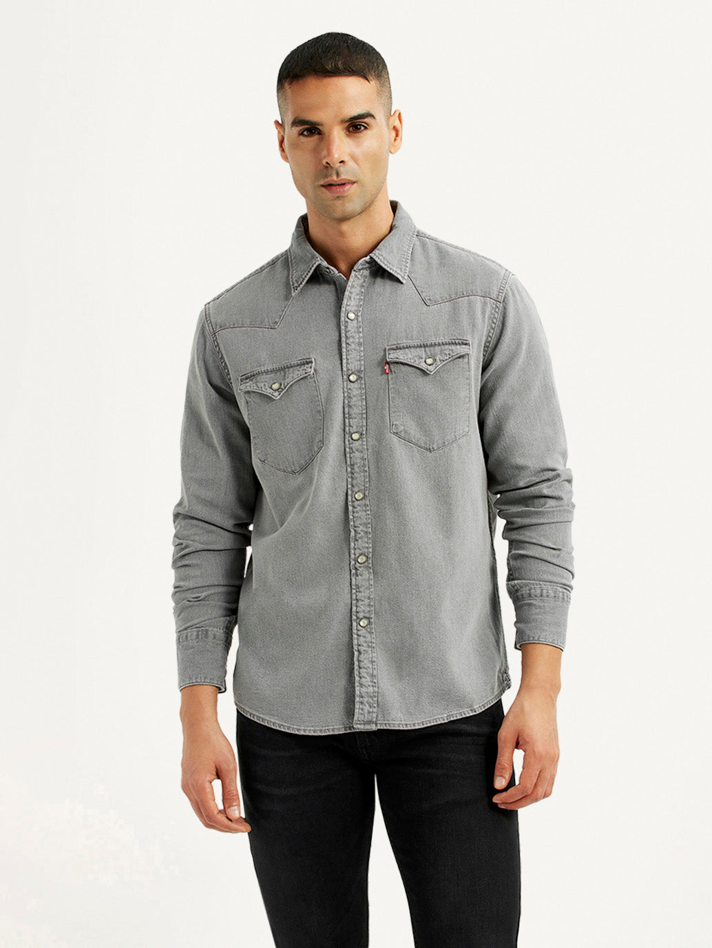 Men's Solid Grey Slim Fit Denim Shirt - Front View