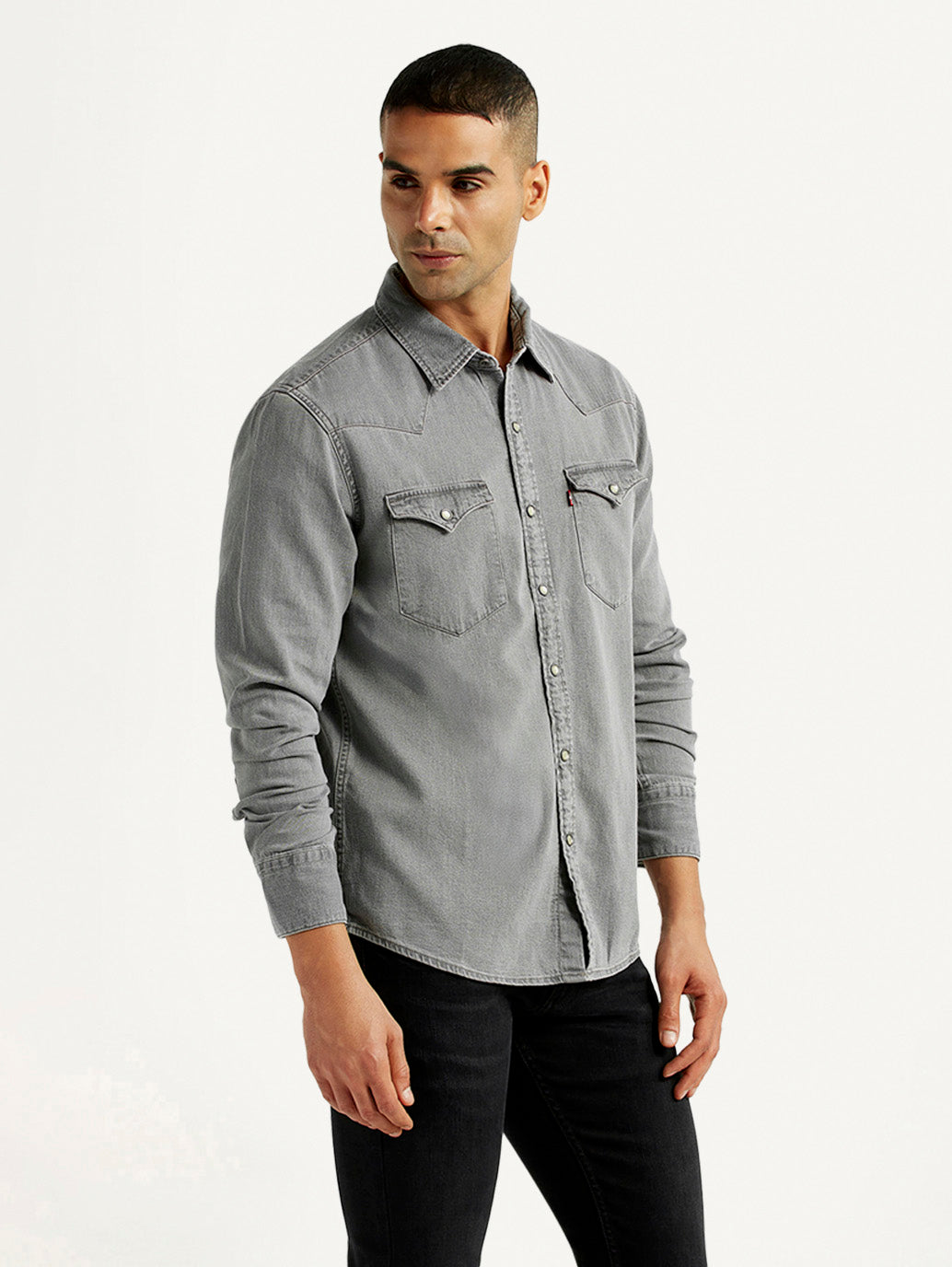 Men's Solid Grey Slim Fit Denim Shirt - Side View