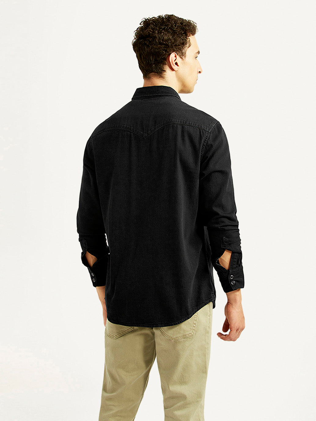 Men's Solid Black Slim Fit Denim Shirt - Back View