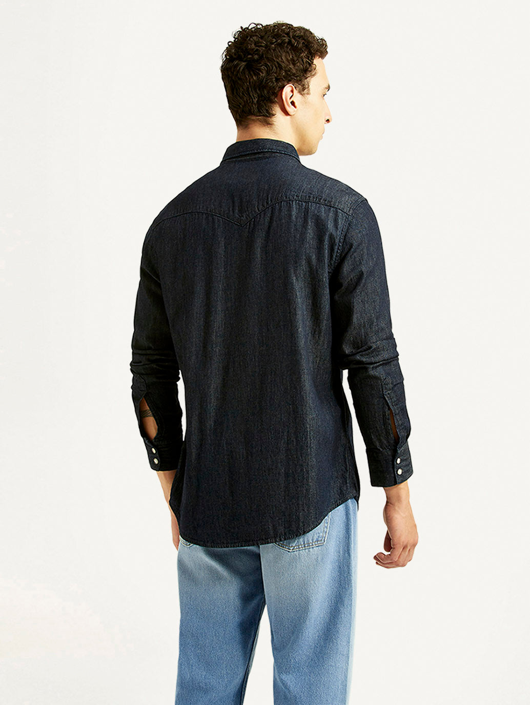 Men's Solid Navy Slim Fit Denim Shirt - Back View