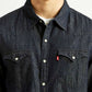 Men's Solid Navy Slim Fit Denim Shirt - Detail View