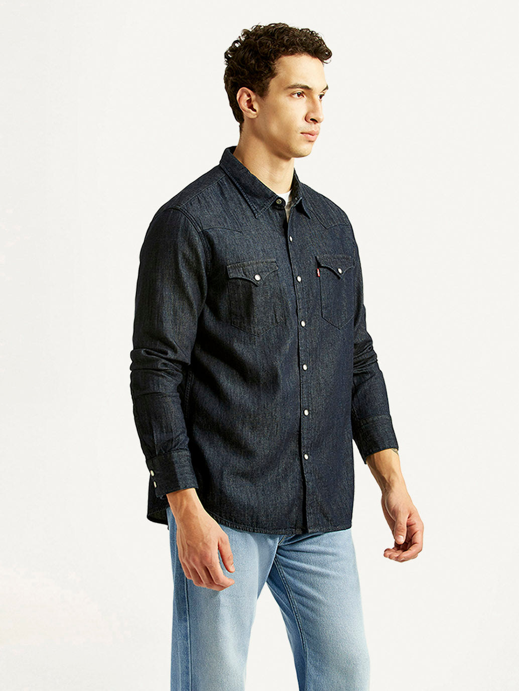 Men's Solid Navy Slim Fit Denim Shirt - Side View