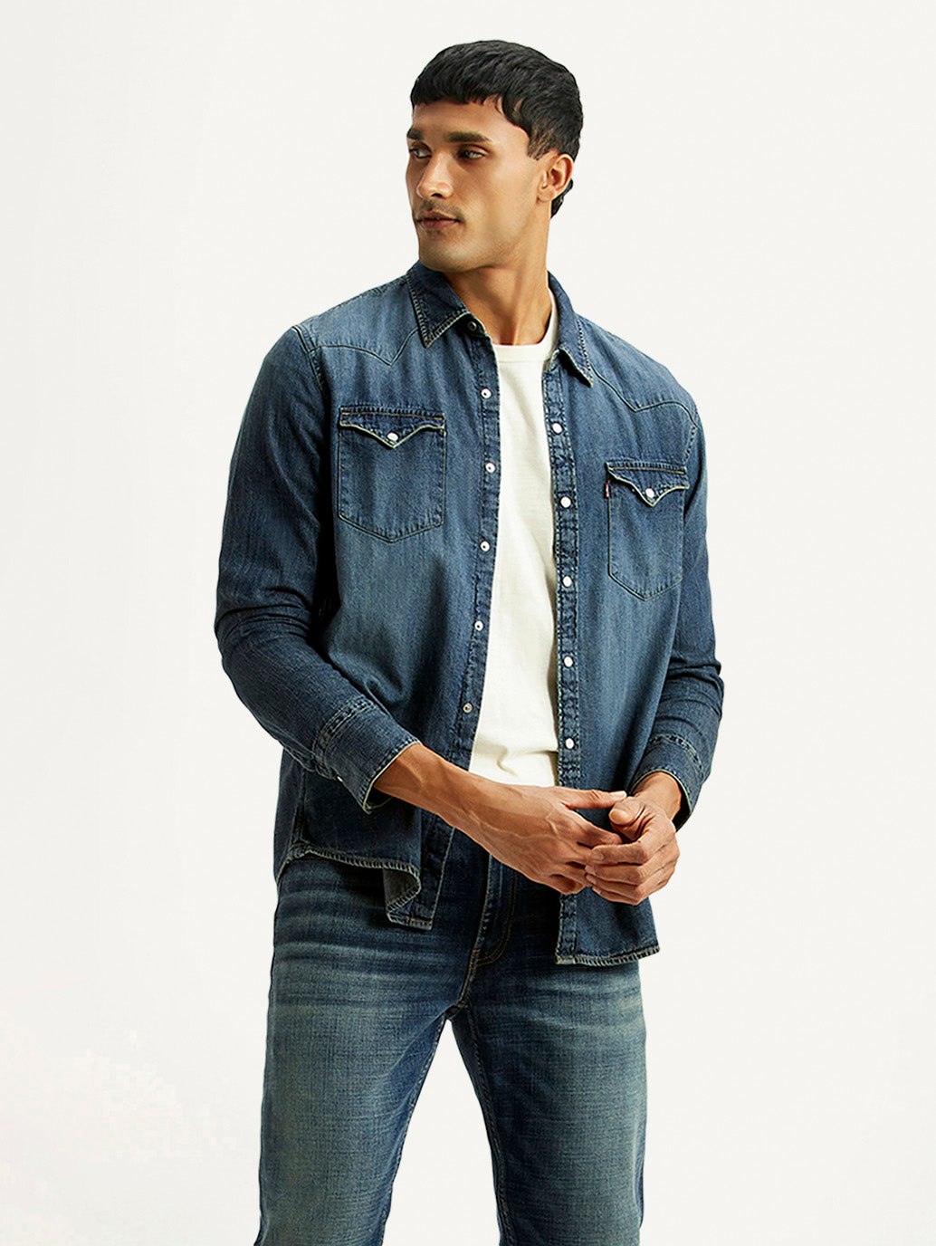 Men's Solid Dark Blue Slim Fit Denim Shirt - Styleshot View