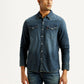 Men's Solid Dark Blue Slim Fit Denim Shirt - Front View