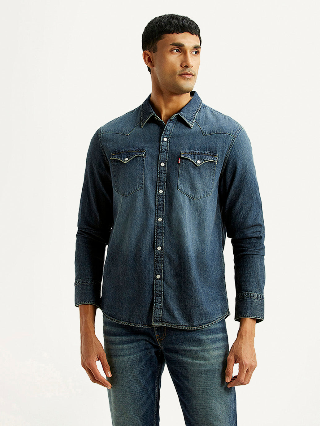 Men's Solid Dark Blue Slim Fit Denim Shirt