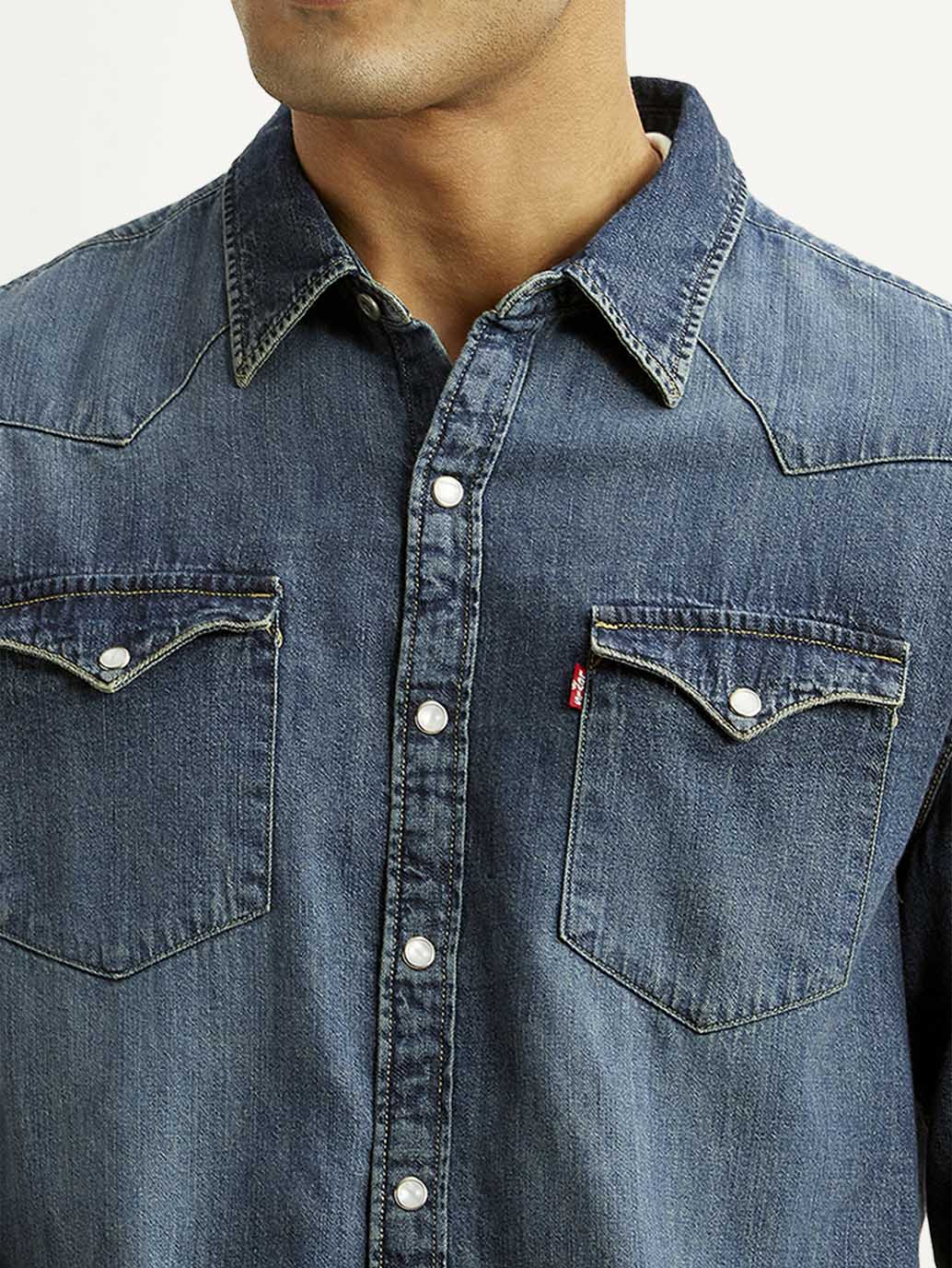 Men's Solid Dark Blue Slim Fit Denim Shirt - Detail View