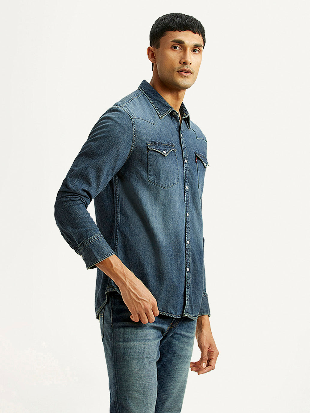 Men's Solid Dark Blue Slim Fit Denim Shirt - Side View