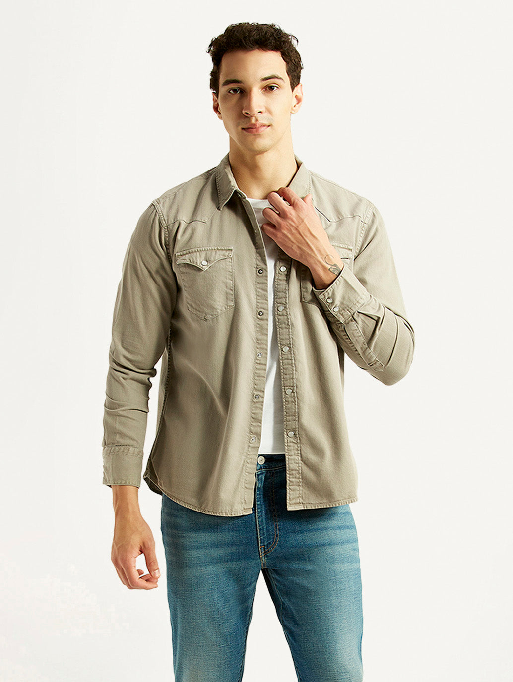 Men's Solid Beige Slim Fit Denim Shirt - Styleshot View