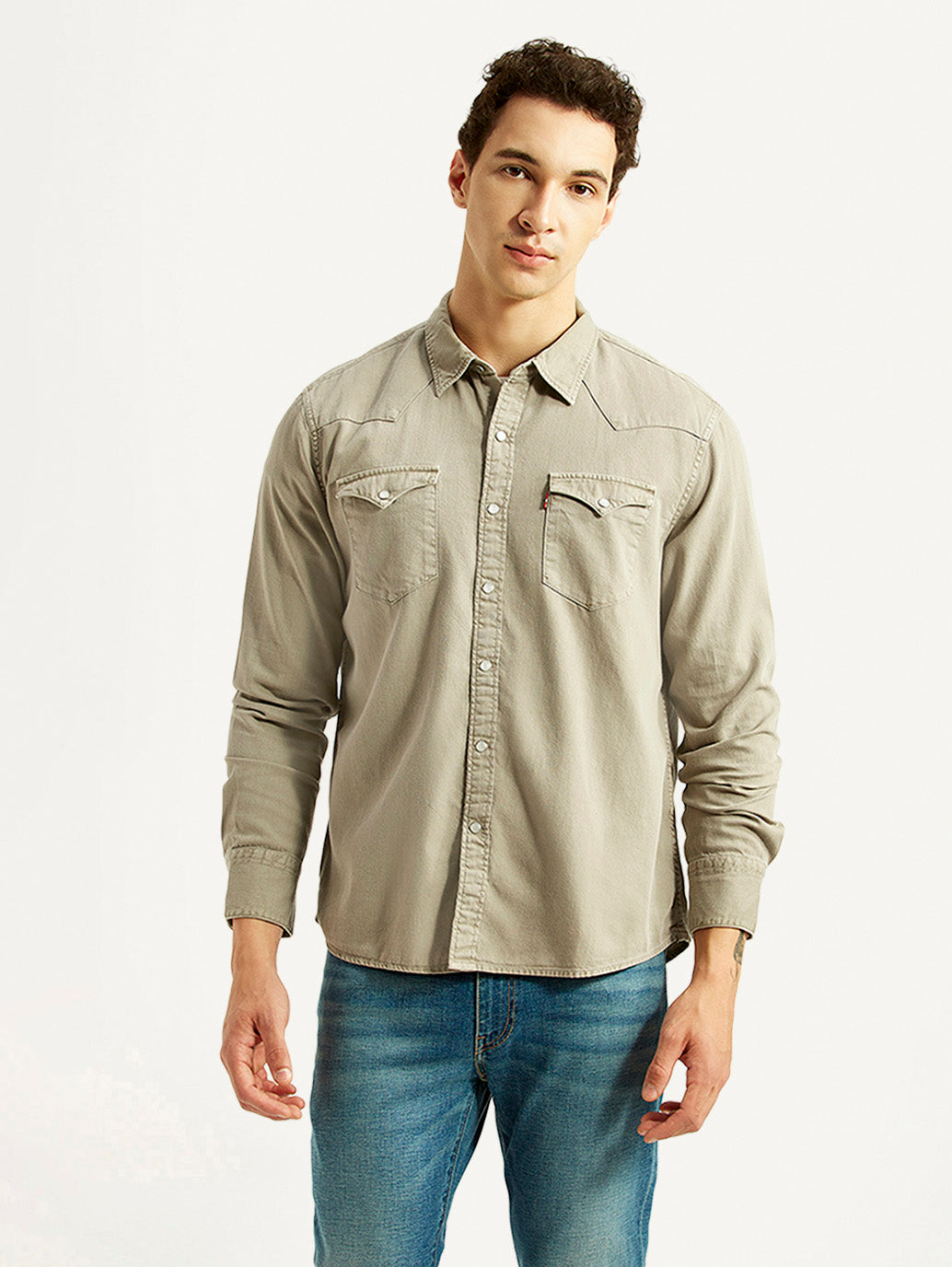 Men's Solid Beige Slim Fit Denim Shirt - Front View