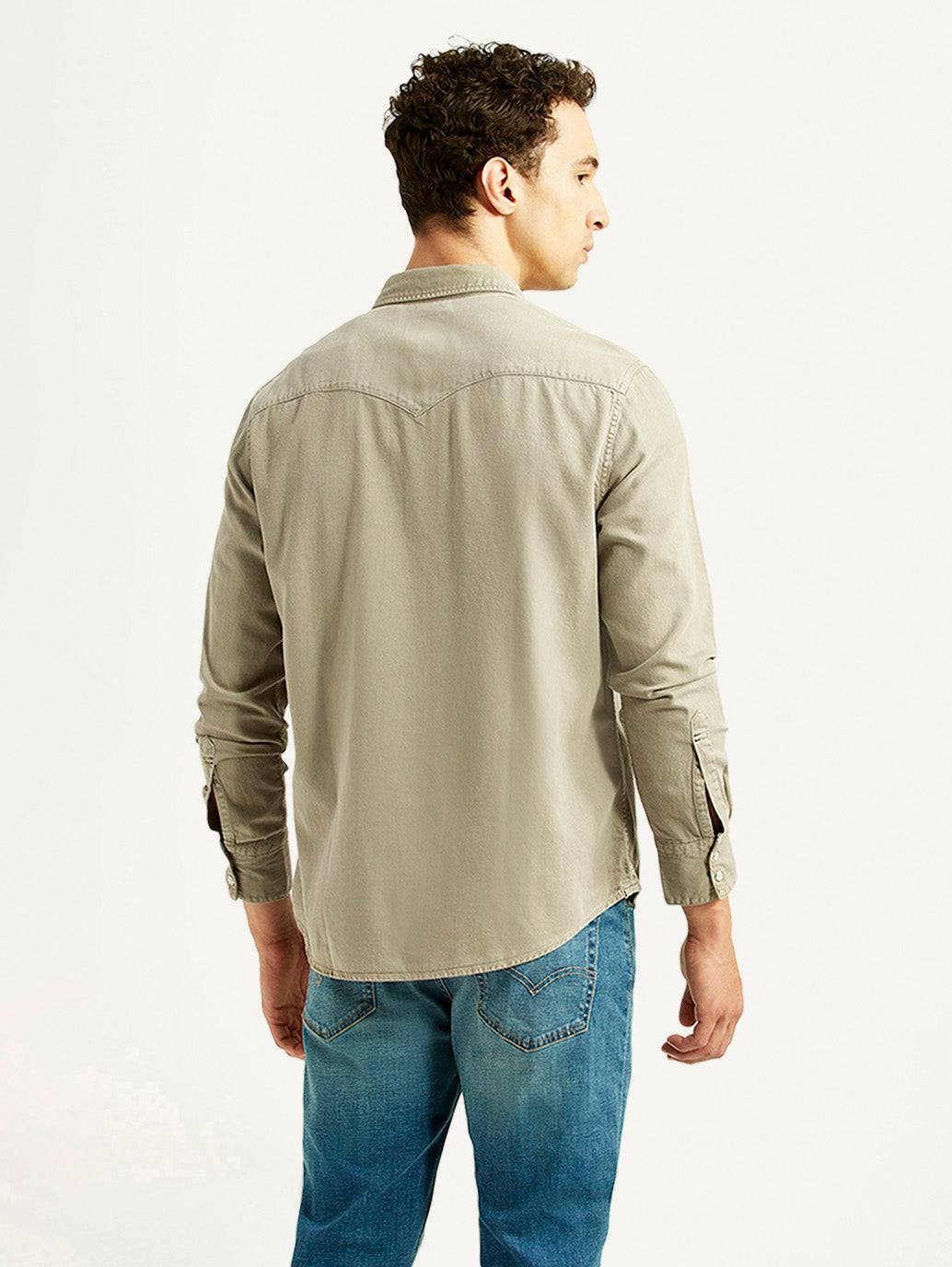 Men's Solid Beige Slim Fit Denim Shirt - Back View