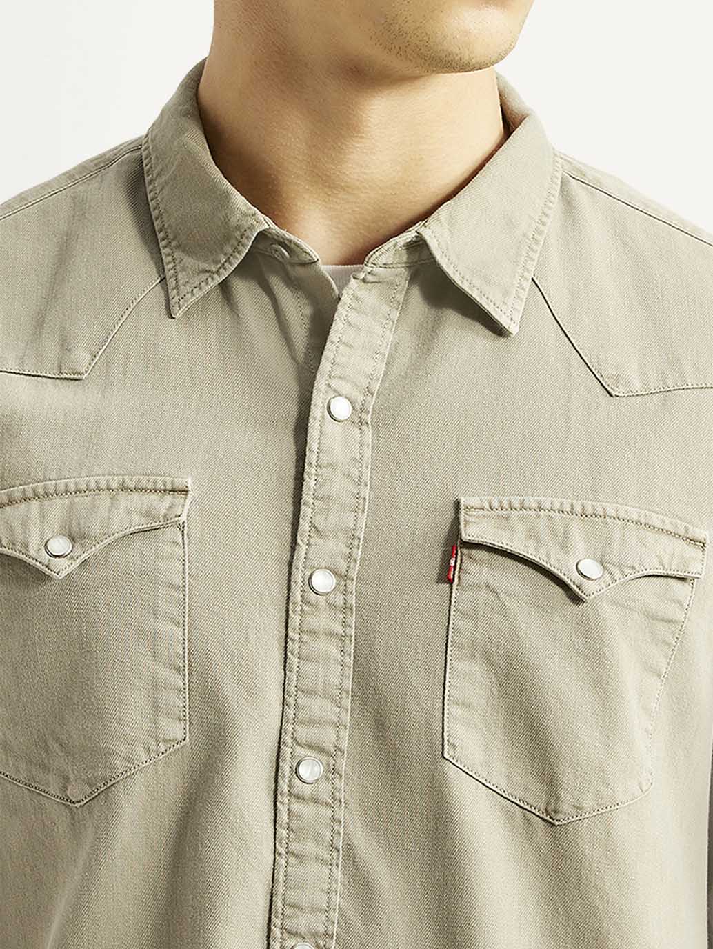 Men's Solid Beige Slim Fit Denim Shirt - Detail View