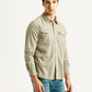 Men's Solid Beige Slim Fit Denim Shirt - Side View