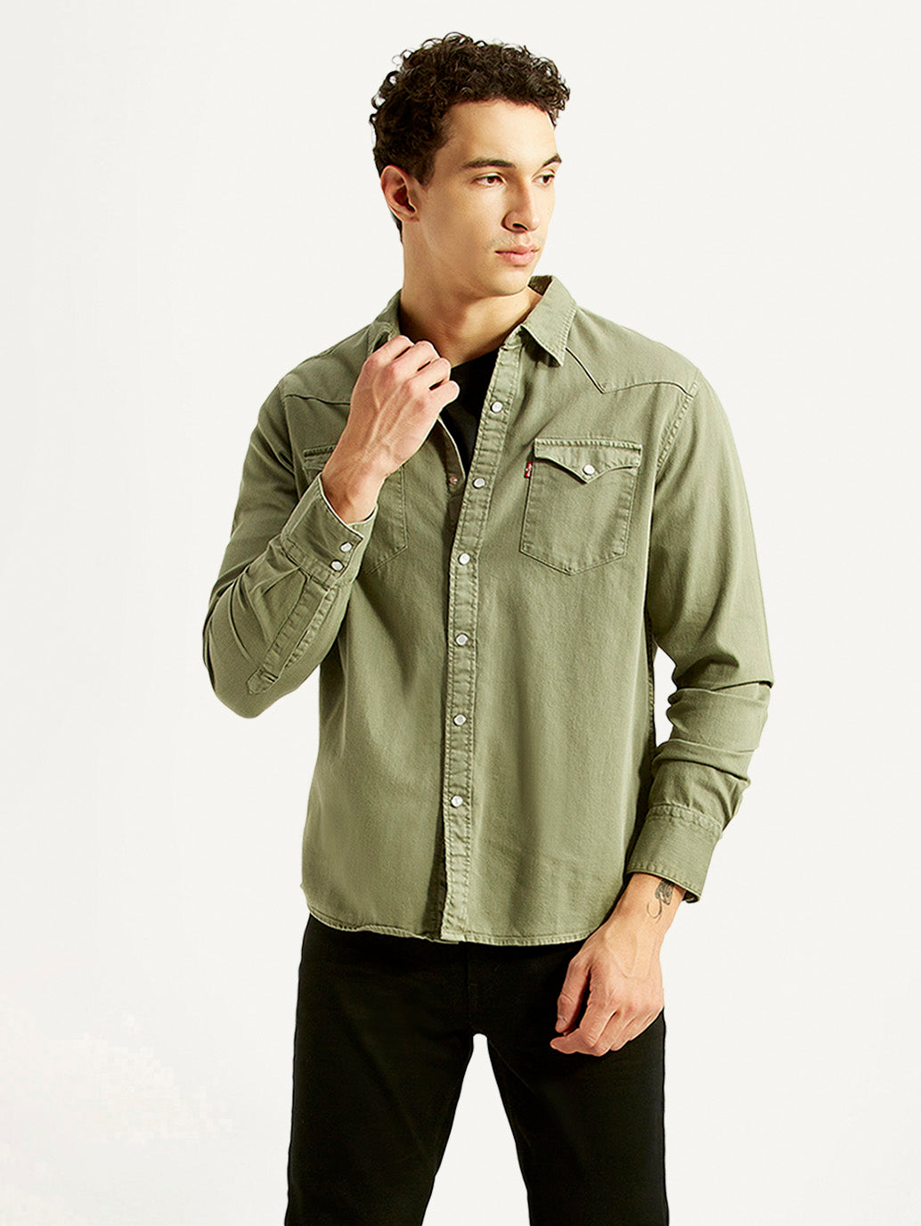 Men's Solid Olive Slim Fit Denim Shirt - Styleshot View