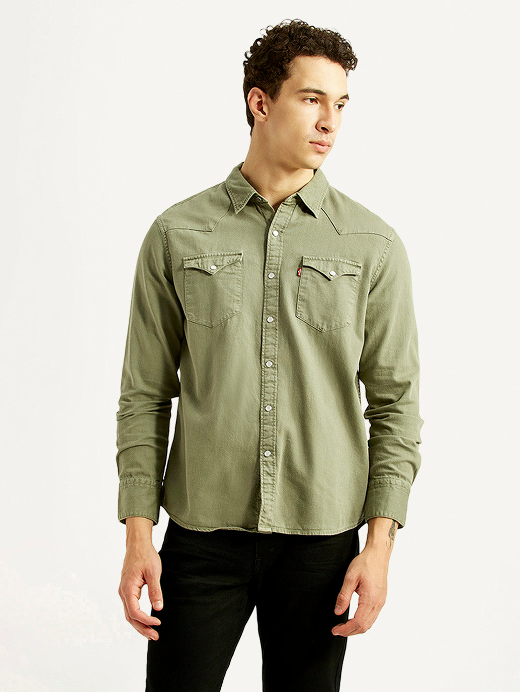 Men's Solid Olive Slim Fit Denim Shirt - Front View