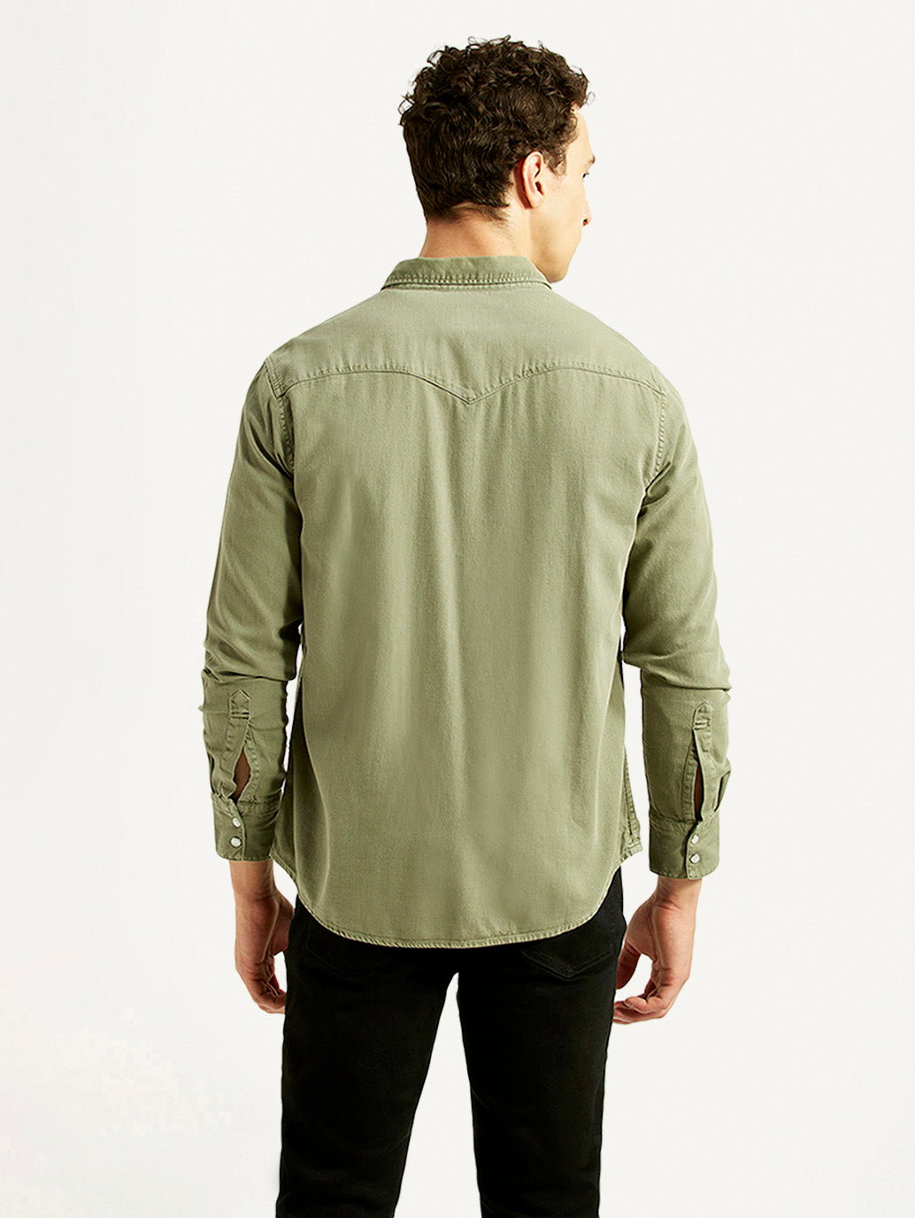 Men's Solid Olive Slim Fit Denim Shirt - Back View