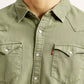Men's Solid Olive Slim Fit Denim Shirt - Detail View