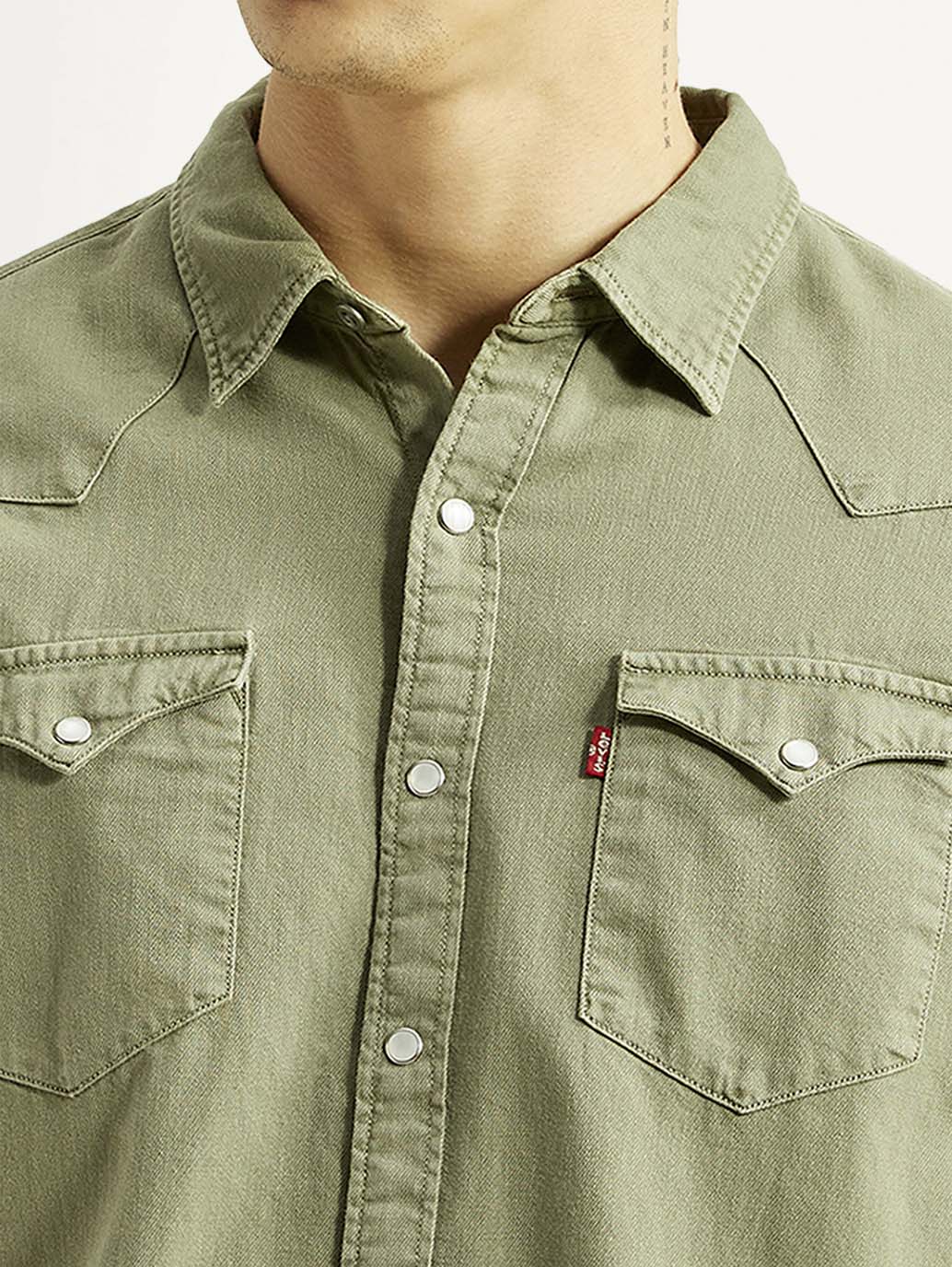 Men's Solid Olive Slim Fit Denim Shirt - Detail View