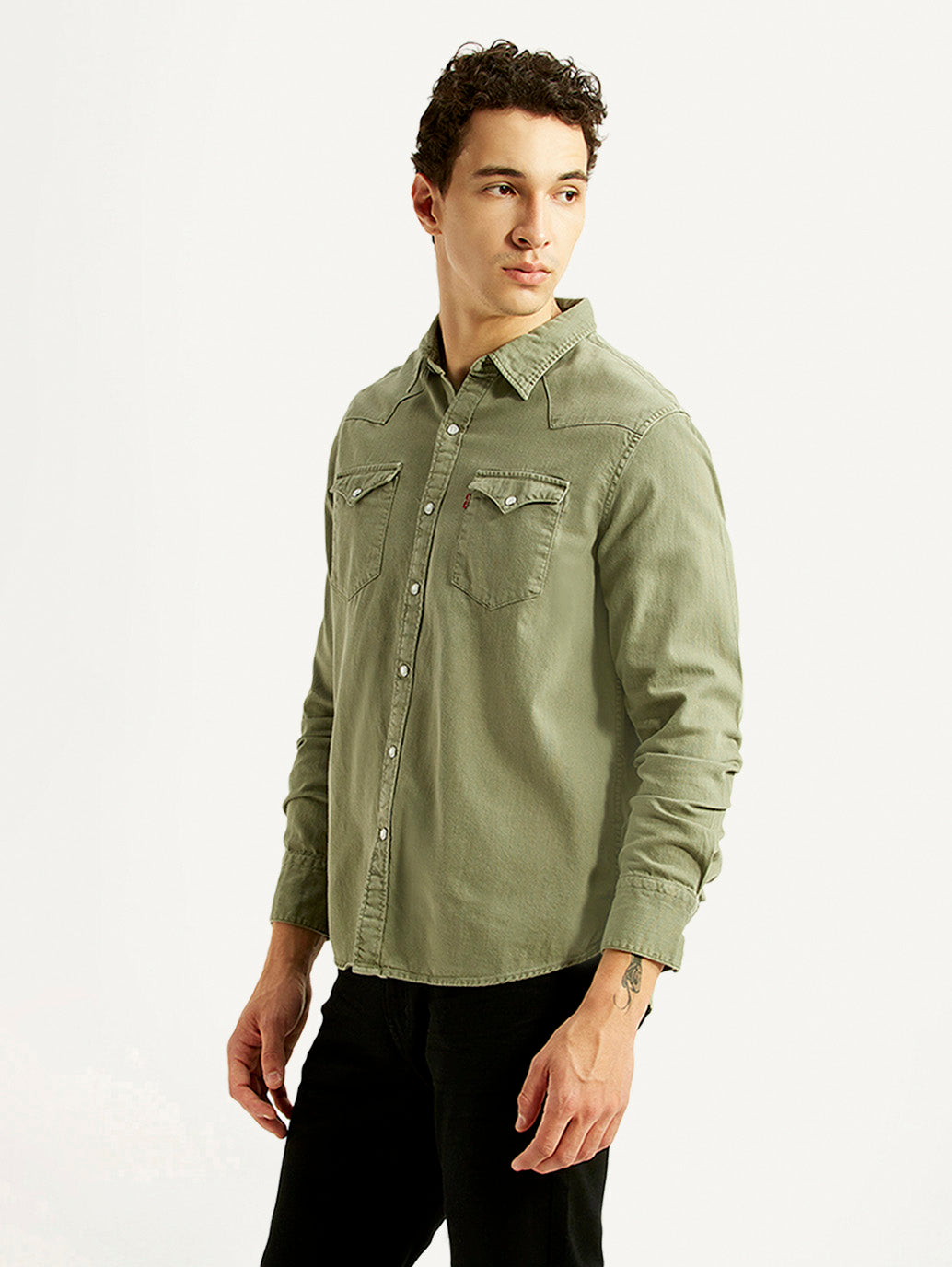 Men's Solid Olive Slim Fit Denim Shirt - Side View