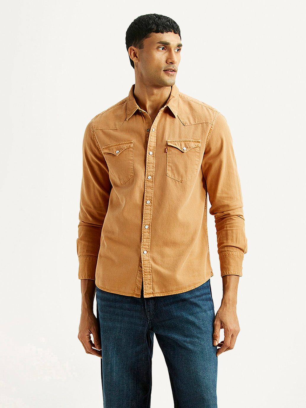 Men's Solid Tan Slim Fit Denim Shirt - Styleshot View