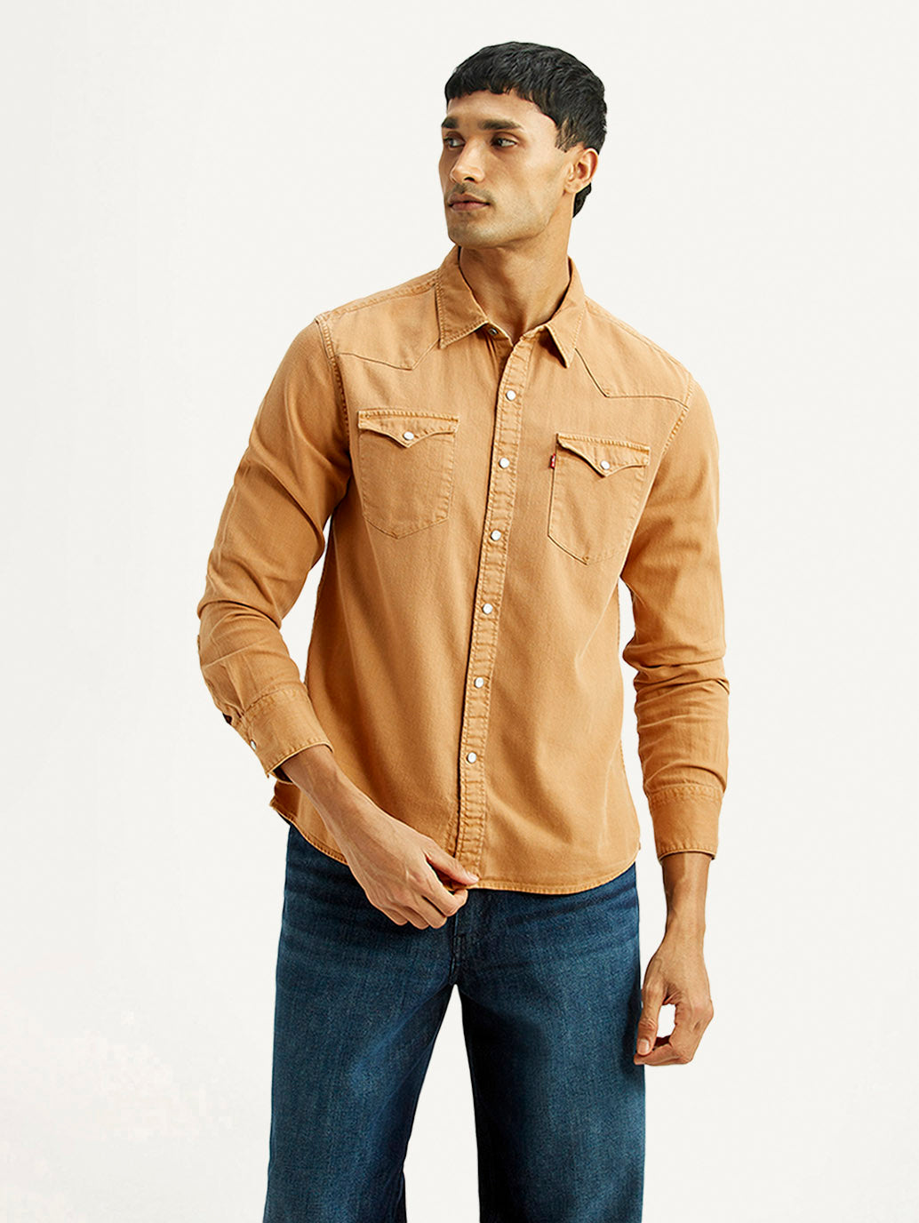 Men's Solid Tan Slim Fit Denim Shirt - Front View
