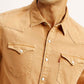 Men's Solid Tan Slim Fit Denim Shirt - Detail View