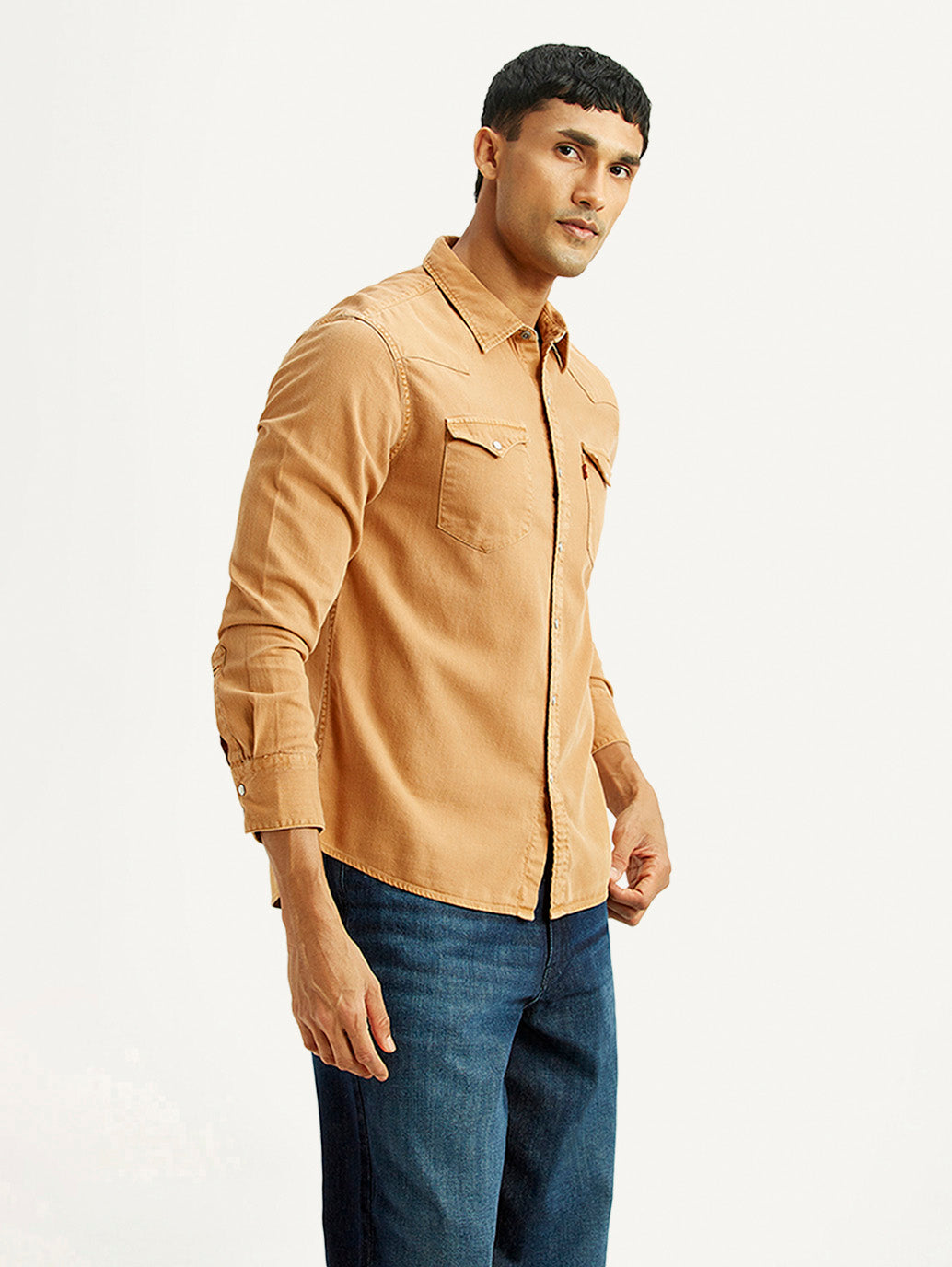 Men's Solid Tan Slim Fit Denim Shirt - Side View