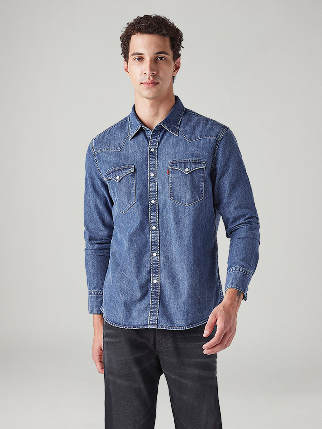 Men's Solid Slim Fit Denim Shirt - Front View