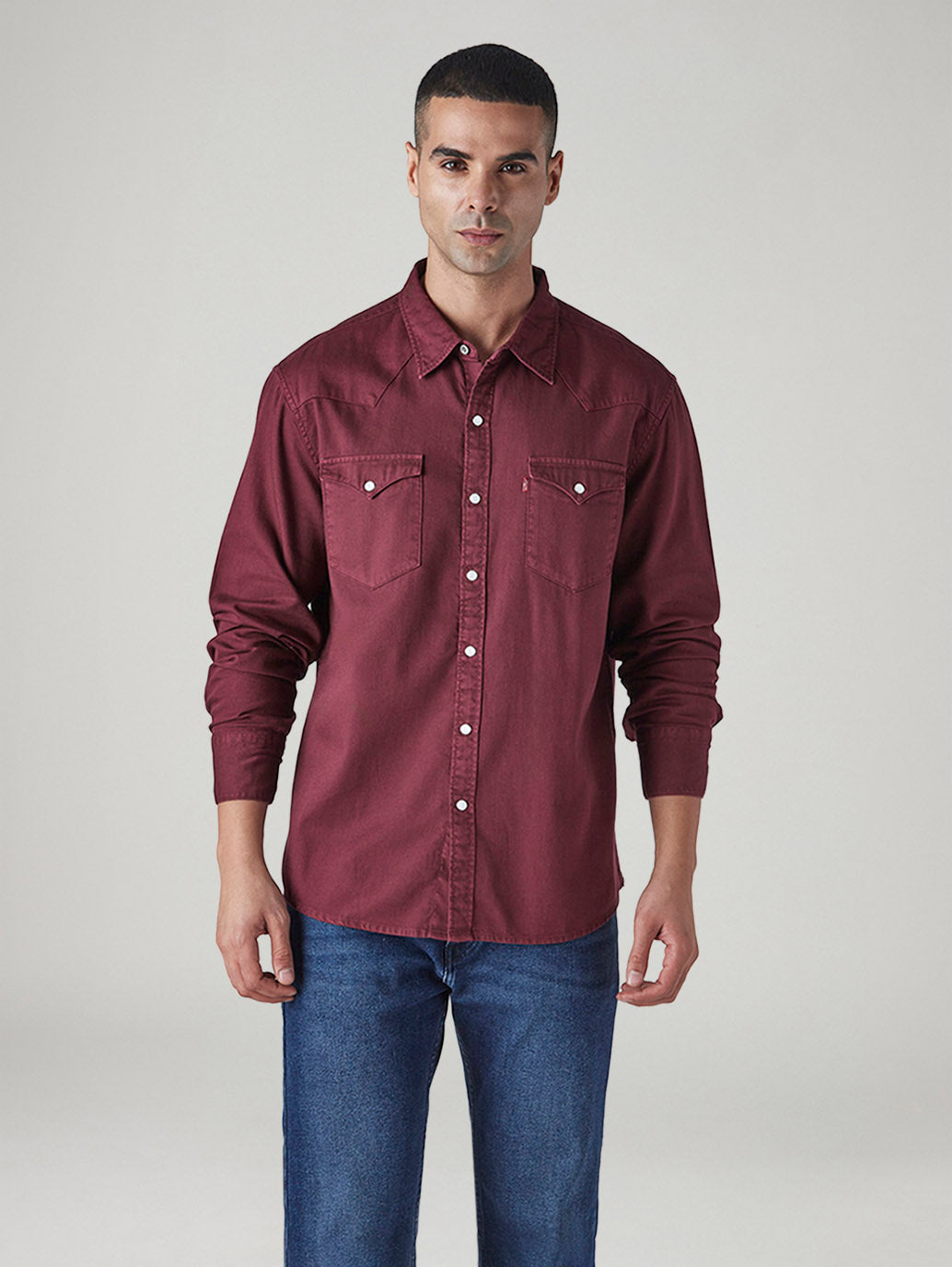 Men's Solid Slim Fit Overdyed Denim Shirt - Front View