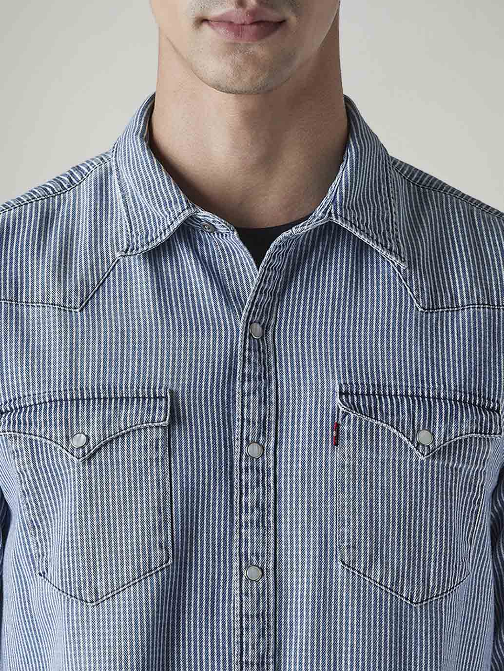 Men's Striped Slim Fit Denim Shirt - Detail View