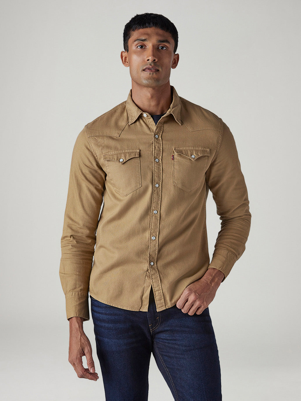 Men's Solid Slim Fit Denim Overdyed Shirt - Front View