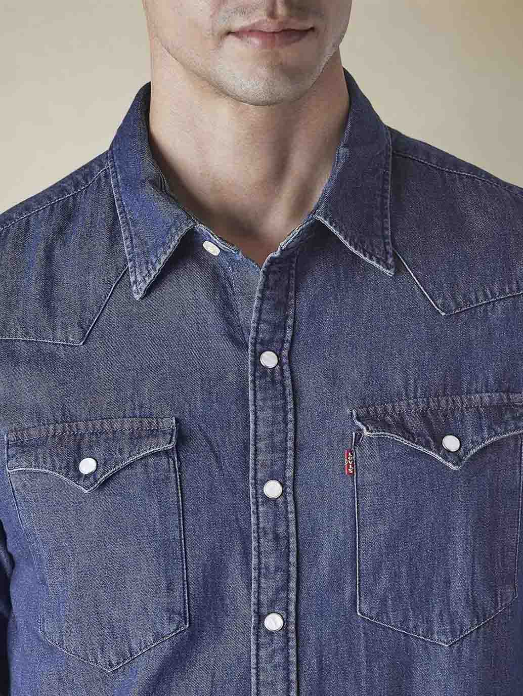 Men's Solid Slim Fit Denim Shirt - cf10f37d-7ebf-470e-9989-3f9198b800d7 View